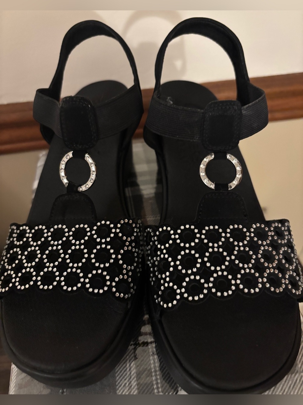 Skechers Black Rhinestone Circle-Embellished Slingback Sandals